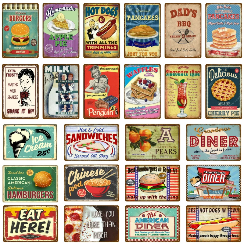 American Diner Poster Chinese Food Pancakes Burgers Pies Metal Tin Signs Cafe Kitchen Shop Decoration Vintage Plaque Wall Decor Plaques Signs Aliexpress