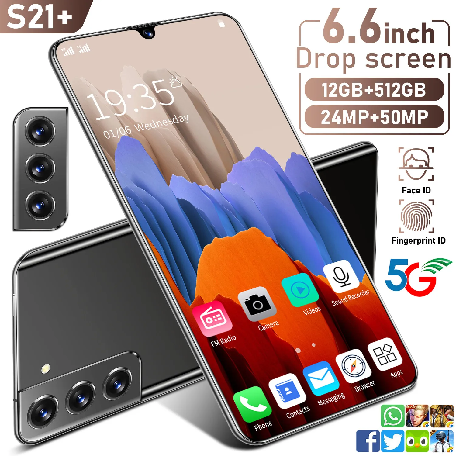 New Arrival S21+ 6.6 Inch Network SmartPhone 10Core 24+50MP 12+512GB Big Memory Face ID Unlock Dual SIM New 4G 5G CellPhone Gold