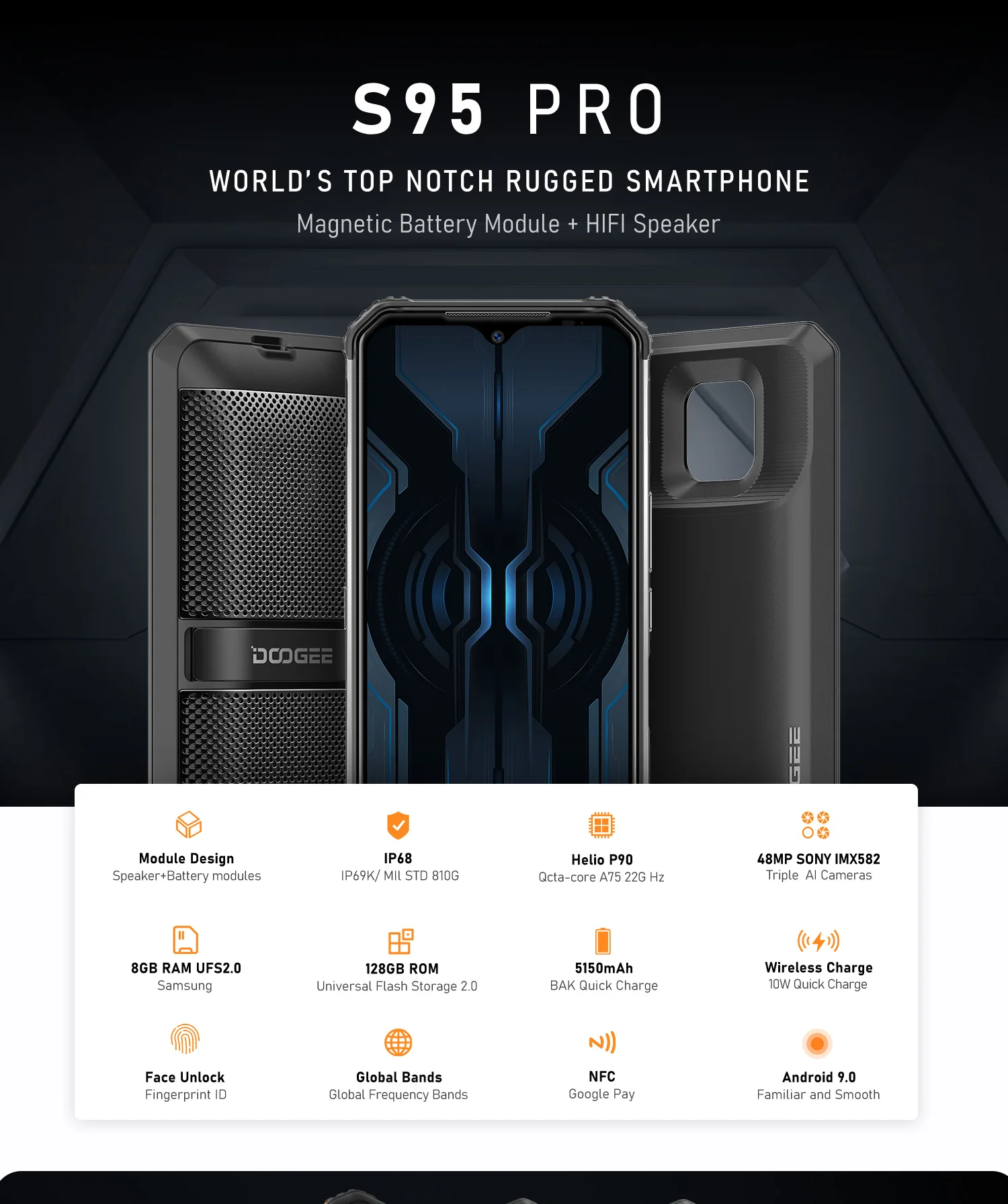 DOOGEE S95 Pro модульный прочный мобильный телефон 8 Гб 128 ГБ Helio P90 6,3 дюймов дисплей 5150 мАч Восьмиядерный 48мп камера Android 9