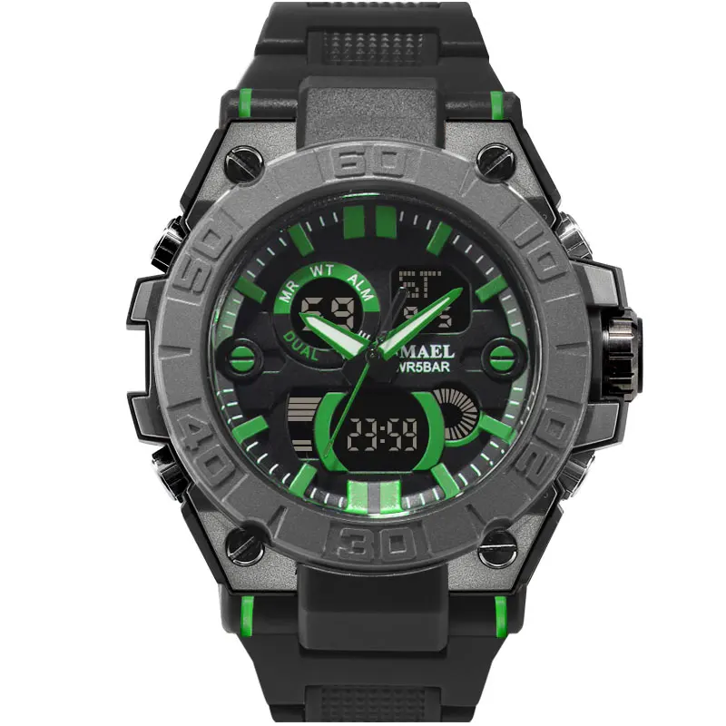 green SMAEL 8003 модные мужские часы с двойным временем аналоговые цифровые кварцевые часы водонепроницаемые многофункциональные мужские электронные часы - Цвет: green