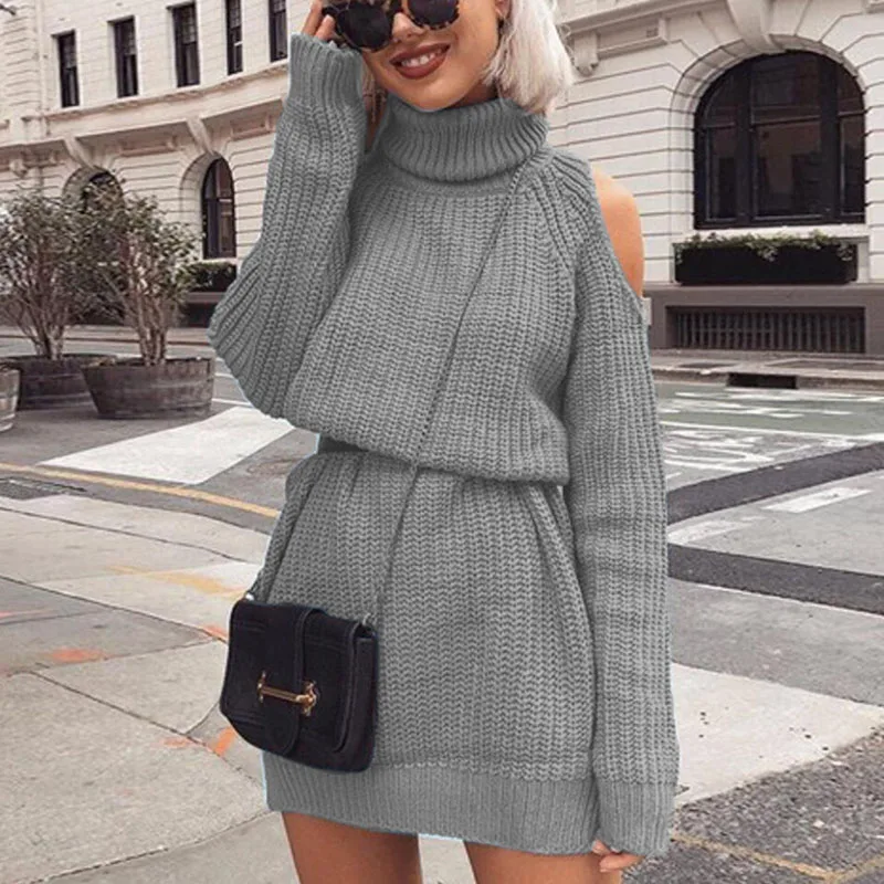 

Autumn Winter Turtleneck Off Shoulder Knitted Sweater Dress Women Solid Slim Plus Size Long Pullovers Knitting Jumper Mini Dress