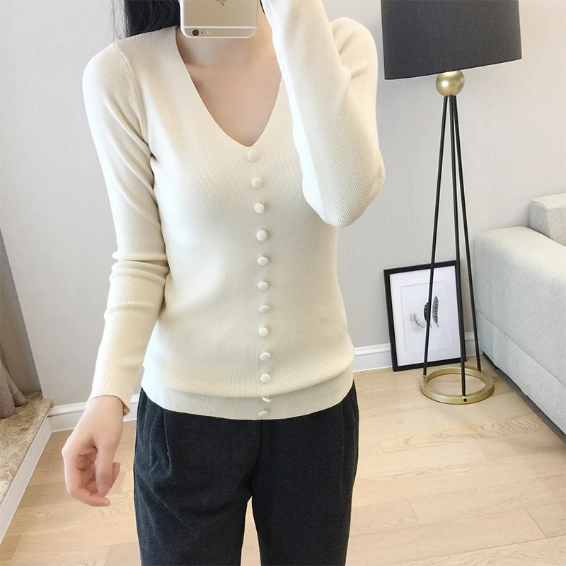 

LHZSYY Autumn Winter New Women' Knitted V-Neck Sweater Fashion Solid Color Large Size Fake Button Short Pullover Warm Wild Shirt