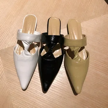

Women Pointed Toe Mules Shoes Flats Designers Leather Sandals Outside Casual Woman Slippers Yellow Summer Fashion Beach Slides