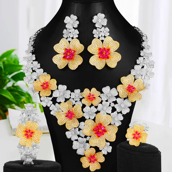 

missvikki Dubai Luxury Refined Shiny Flowers Big Necklace Bangle Earrings Open Ring Jewelry Set Women Bridal Wedding Jewelry