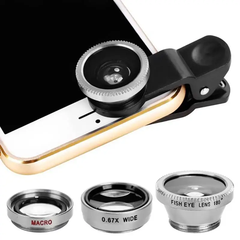 Серебристый Universal 3-in-1 0.67x Wide Angle Macro Fisheye Lens Camera Kits Mobile Phone Fish Eye Lens With Clip For IOS Android Cell Phone - Цвет: Серебристый