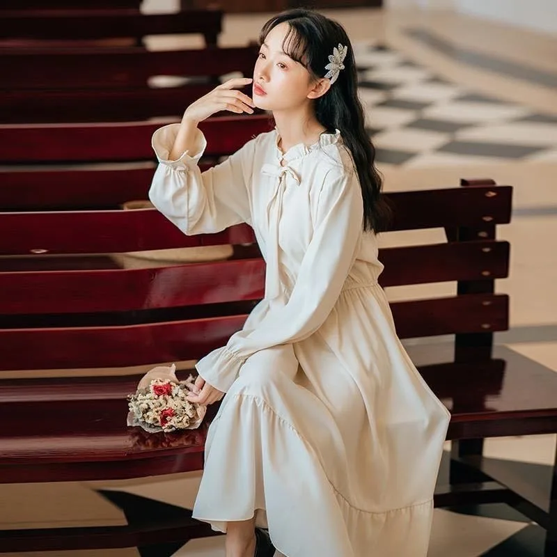 

QWEEK Woman Japan Sweet Kawaii Dress Elegant Long Sleeve Ruffle Solid Patchwork Cute Midi Dress Summer Clothes for Women 2020