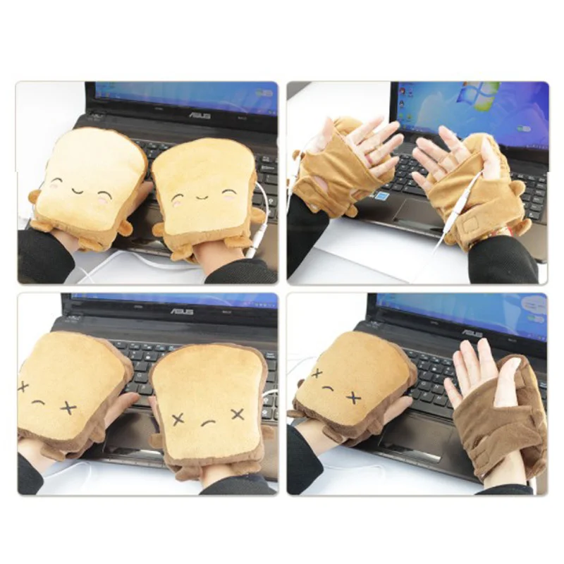 USB Warmer Heated Gloves Hand Warmers Gloves Fingerless Cute Toast Shape New Year Christmas Gift Winter Gloves