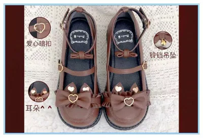 Японские студенческие туфли в стиле Лолиты на толстой подошве; большие милые плоские туфли с бантом; женские туфли принцессы в стиле каваи; Милые винтажные туфли на низком каблуке с круглым носком - Color: Brown