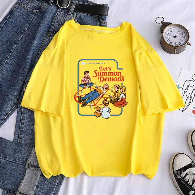Let's Summon Demons Printing Women's Funny T Shirts 2021 Summer Round Neck Clothes Oversize Harajuku 90s Top Tee,Drop Ship T286A-Yellow