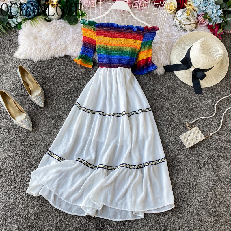 Платье в радужную полоску шифоновое женское сексуальное с открытыми плечами