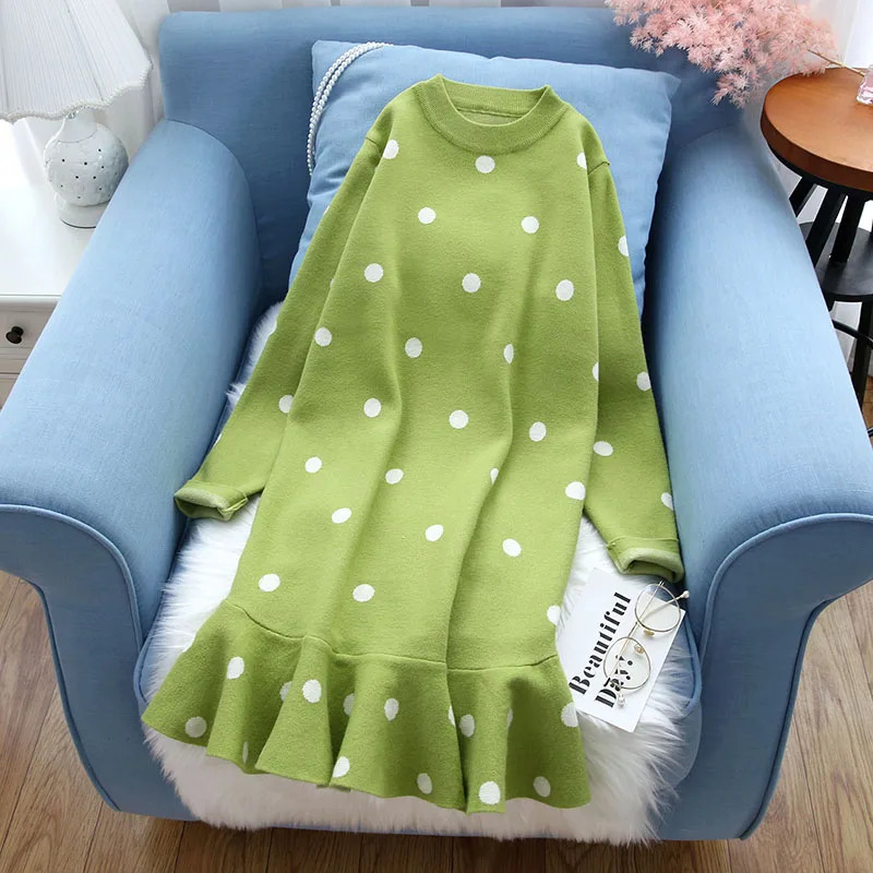 ruffles polka dot women sweater and pullovers winter new long knitted warm thicken pulls outwear all match office lady tops - Цвет: green