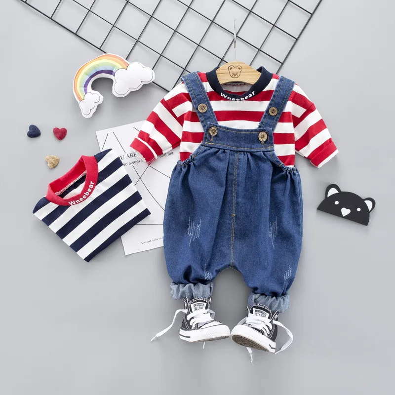 

2019 Fashion Spring Clothing New Style Male Baby Cotton Infants Stripes Cowboy Suspender Strap Set T-shirt Suit