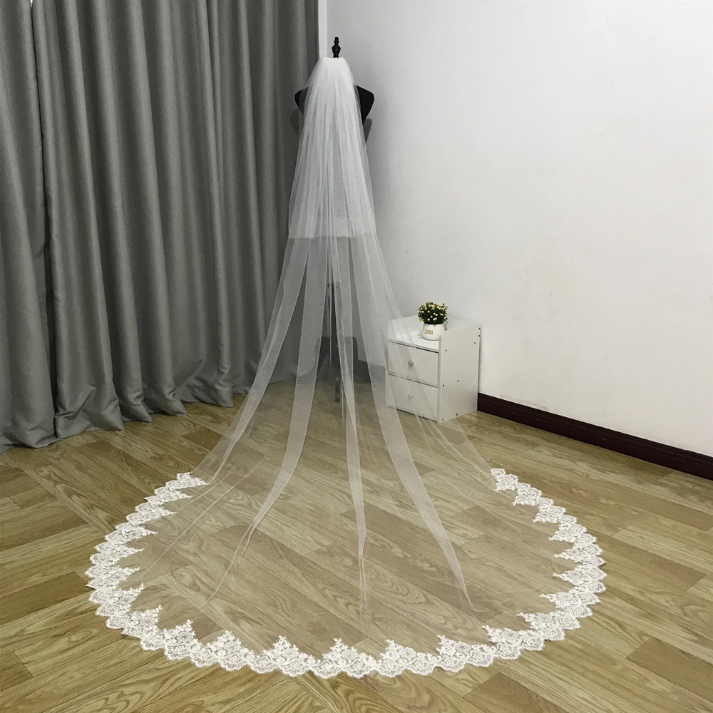 Real Photos New 2 Layer Veil Wedding Veil Can cover face Cathedral welon Wedding Veils Long Lace Edge White Ivory Veil with Comb