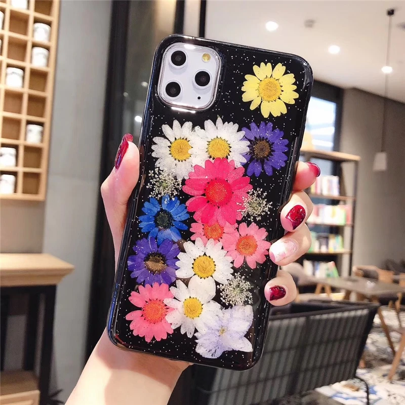Цветной чехол с блестками и ромашками для iphone 11 11Pro Max 8 7 Plus 6S X XS Max XR блестящая Звезда чехол для телефона мягкий чехол - Цвет: Черный