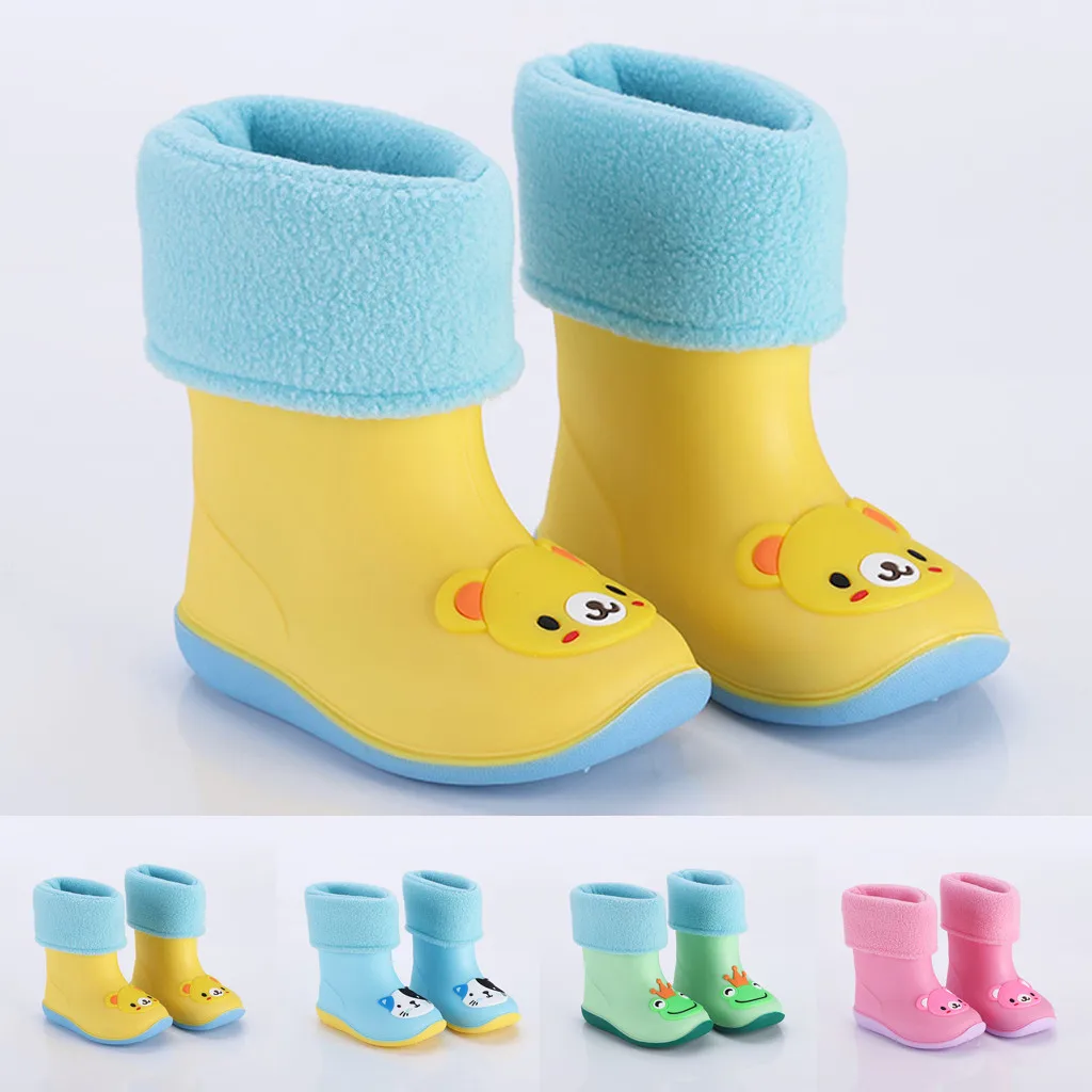 Kids Rain Boots Toddler Infant Boys Girls PVC Rain Boots Cute Cartoon Animal Pattern Waterproof Non-Slip Shoes Plush Rain Boots