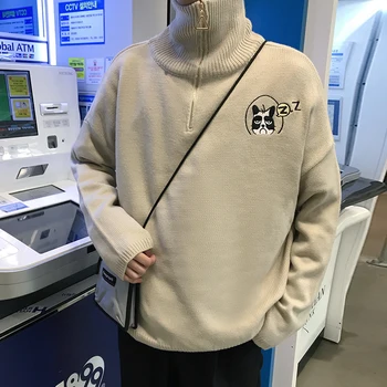 

2019 Autumn And Winter New Port Wind Tide Cartoon Embroidered Men's Loose Can Be Turned High Collar Pullover Sweater M-2XL