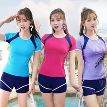 Размера плюс Для женщин короткий рукав, спортивный костюм для девочек, спортивный купальник Surf костюмы из двух частей купальники с шорты для серфинга для мальчиков шорты из купального костюма для 4XL