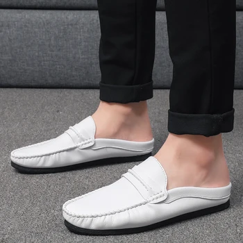 

2020 Summer Leather Shoes For Male Mules White Casual Man Sneakers Slip On Half Drag Loafers Mens Driving Shoes Half slippers