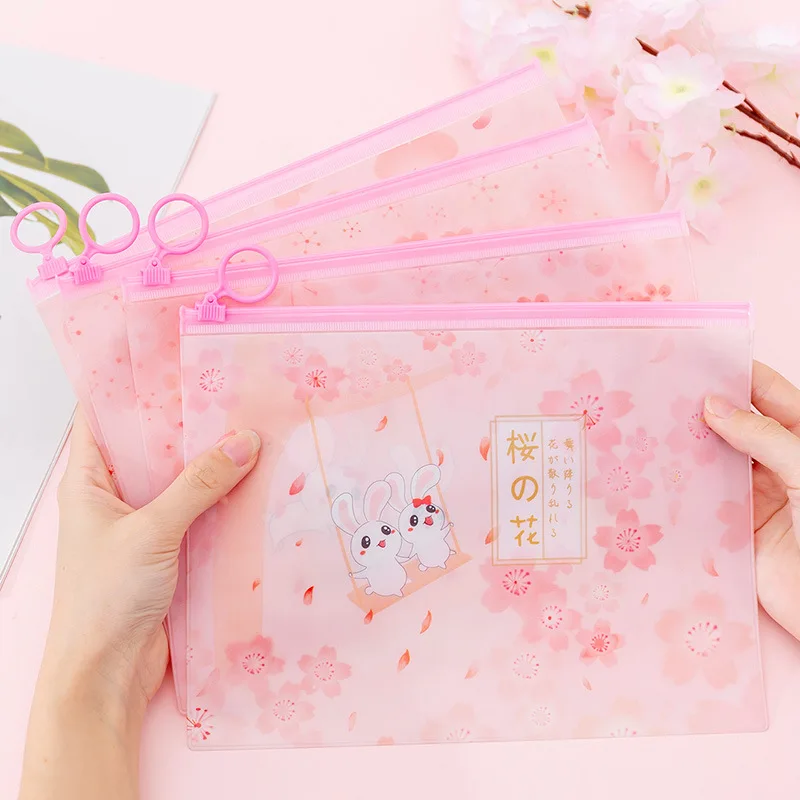 

36 pcs/lot Cherry Sakura Kawaii Rabbit PVC Finger Ring Zipper Dustproof File Folder Document Filing Bag Stationery Bag