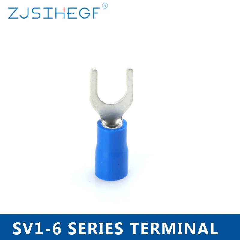 

100PCS/Pack SV1-6 Blue Furcate Cable Wire Connector Furcate Pre-Insulating Fork Spade Wire Crimp Terminals