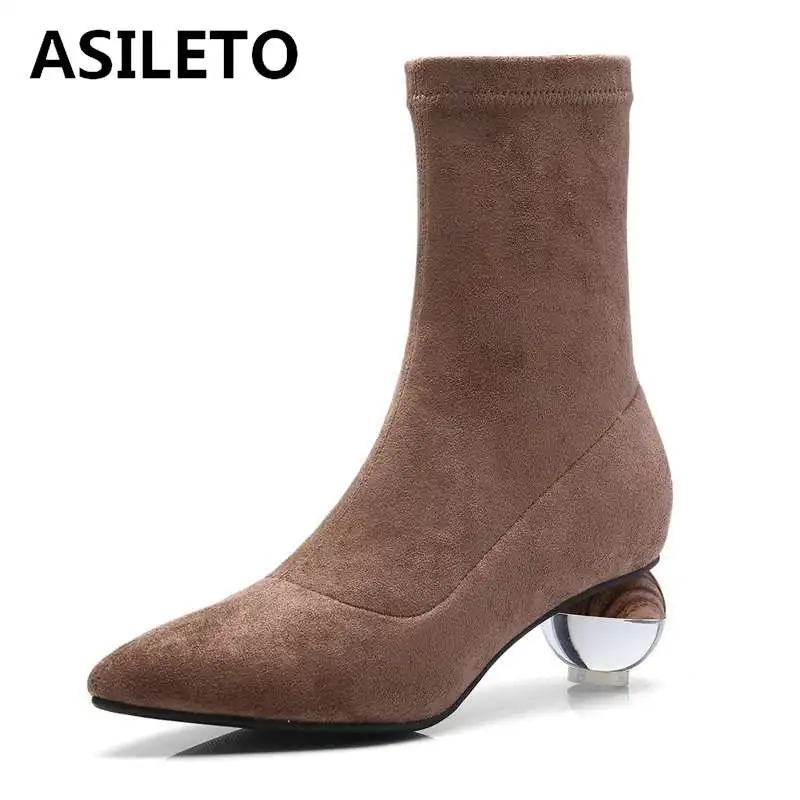 

ASILETO brand Ankle boots for women Strange heels Pointed toe Solid stretch cow suede booties Big size 34-43 botas bottines
