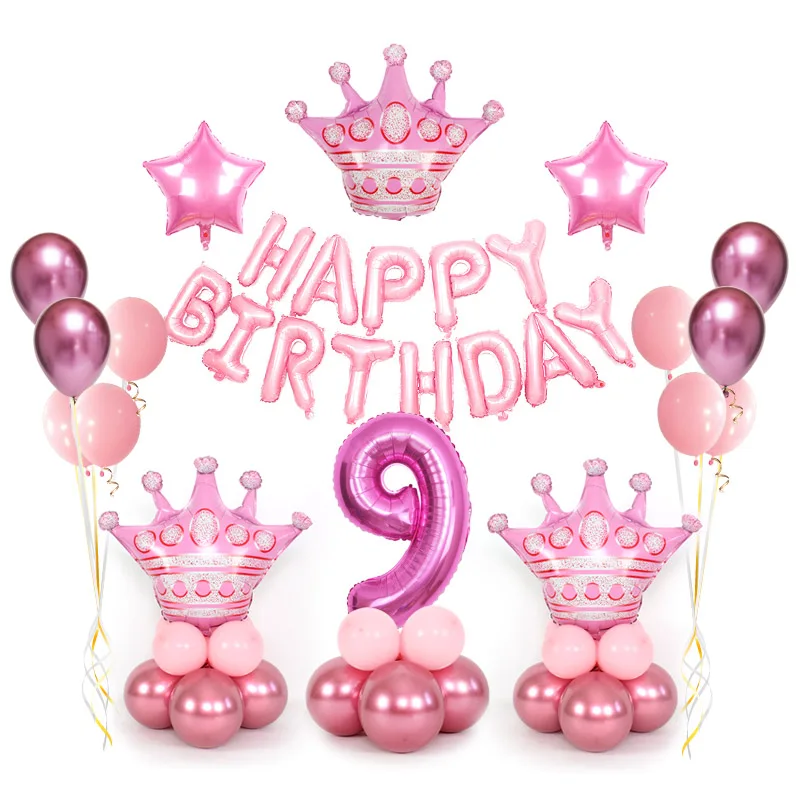 1st с днем рождения Синий Розовый воздушные шары из фольги в виде цифр 18+ Детские воздушный шар с гелием Baby Shower вечерние фестиваль юбилей Корона Декор - Цвет: M PK crown set(9)