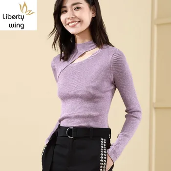 

Wool Sweater Female Fashion Turtleneck Slim Skinny Top Autumn Winter Hollow Out Knit Sweaters Casual Solid Black Purple Pullover