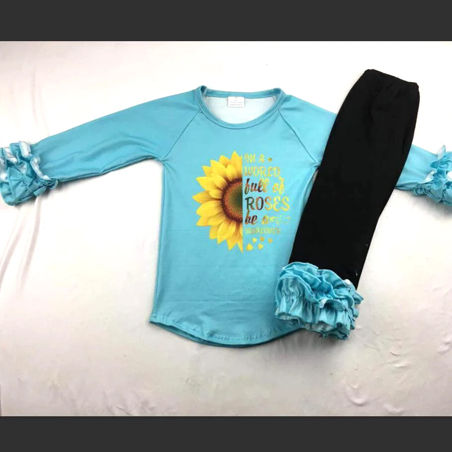 teal set Бутик наряды для девушек весна быть подсолнухом Популярные наряды Бирюзовый Топ с брюки с подсолнухами - Цвет: teal set