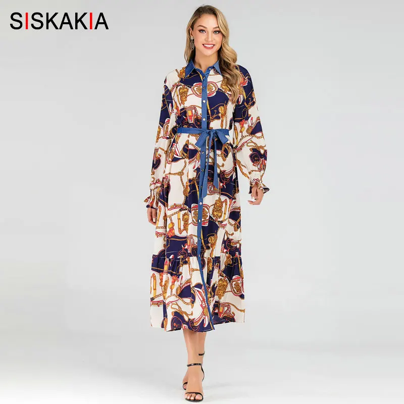 

Siskakia Single-Breasted Open Shirt Dress Fashion Muslim Printing Denim Contrast Color Block Midi Dresses Long Sleeve Plus Size