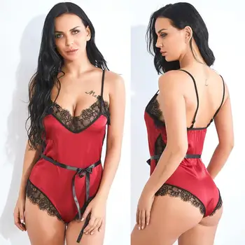 

Women's Satin Lace Silk Bowknot Pajamas Bodysuit Teddy Jumpsuit Adjusted Spaghetti Strap Nightwear Sleepwear Sexy Lingerie