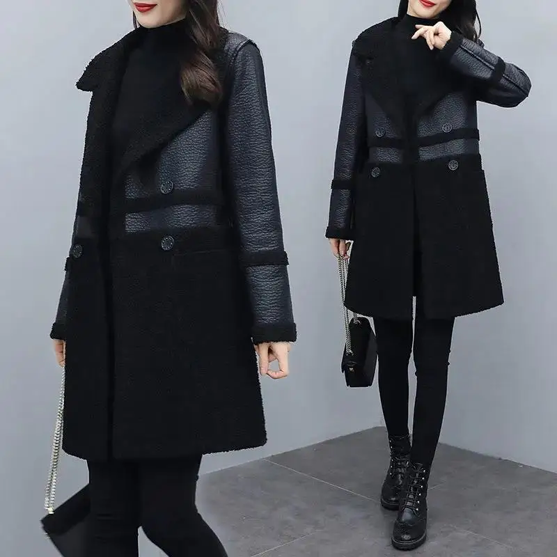 여성용 가죽 재킷, 중간 길이 바람막이 외투, 벨벳 두꺼운 코트, 2023 XL-6XL, 가을, 겨울