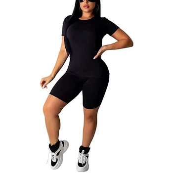 

2020 Summer Womens Set Fashion Loose Solid Color Crew Neck Short Sleeve Shorts Set Casual Gym Sport Outdoor Suit Set Plus Size
