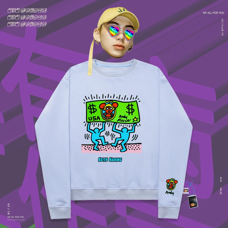

2019 new arrival Round neck pullover spoof hophip self-made Keith Haring Graffiti Andy mouse dollar USA print loose style couple