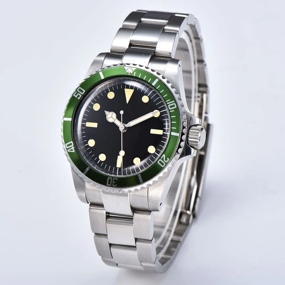 

Watch Men Automatic Mechanical 39.5mm green Sterile Dial black Aluminum Sheet Bezel Retro Luminous watch 03