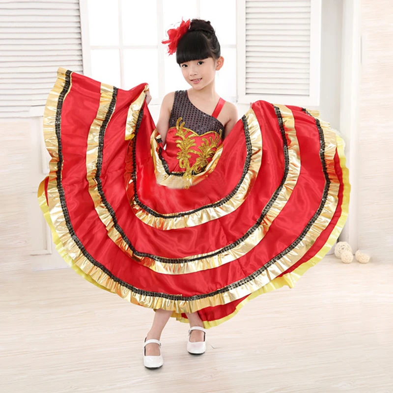 Испанская Цыганская юбка для фламенко для девочек, Национальный полосатый костюм для танца живота, красный праздничный костюм с корридом, платье DL5143