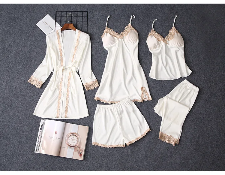 5PCS Sexy Robe Sets Cardigan Lace Kimono Gown Strap Nighty Women Summer Pyjamas Suits Full Sleeve Nightwear Intimate Lingerie sexy pajama sets