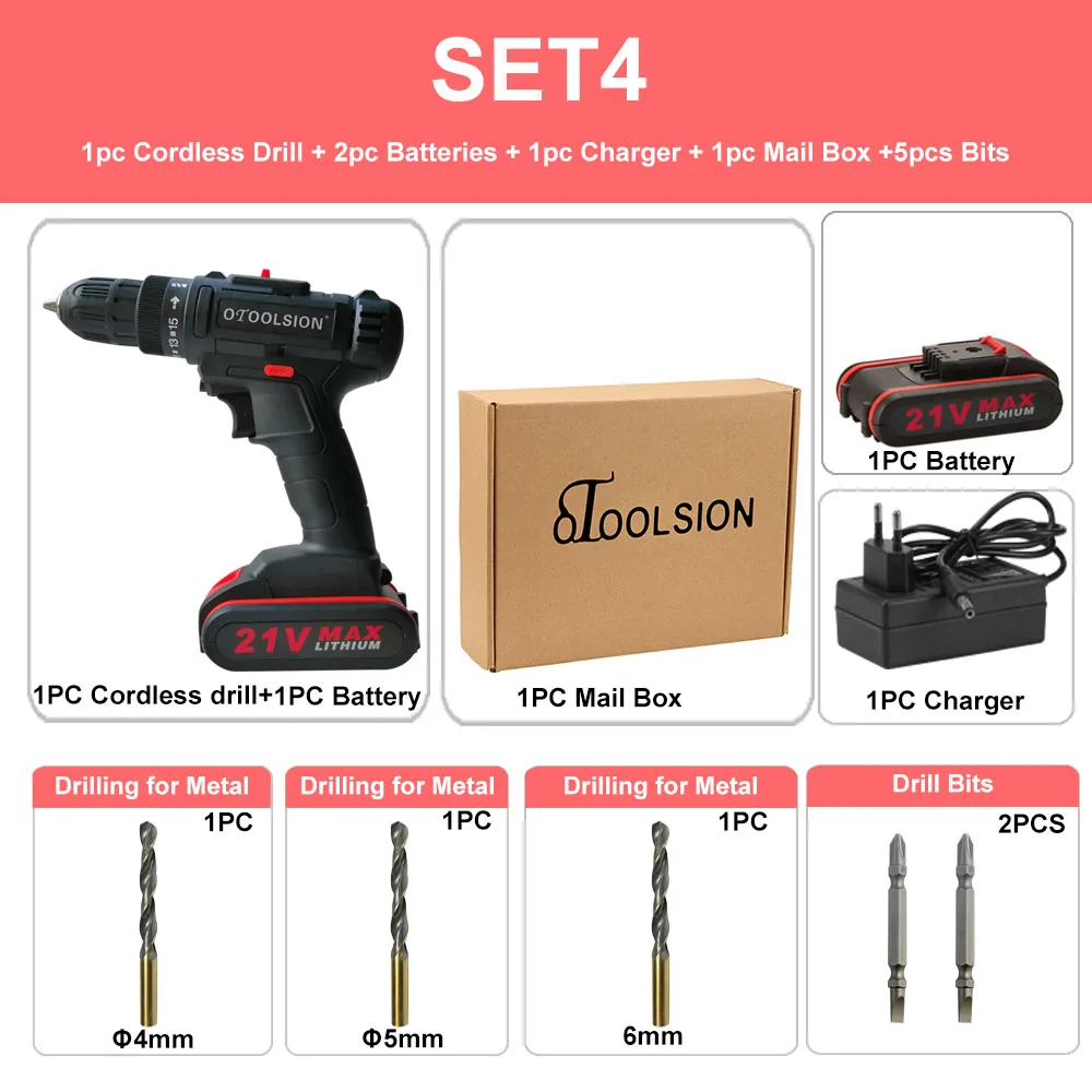 SET4 (2 pc battery) 2 скорости 21 в перезаряжаемая отвертка Беспроводная отвертка Электроинструмент электрическая отвертка дрель Беспроводная+ дрель аксессуары - Цвет: SET4 (2 pc battery)