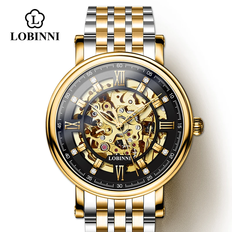 LOBINNI, часы с римским циферблатом, мужские,, Relogio Masculino, автоматическая передача, механические бренды, сталь, Orologio, кожа, стоимость, наручные часы - Цвет: Silver-Gold-Black