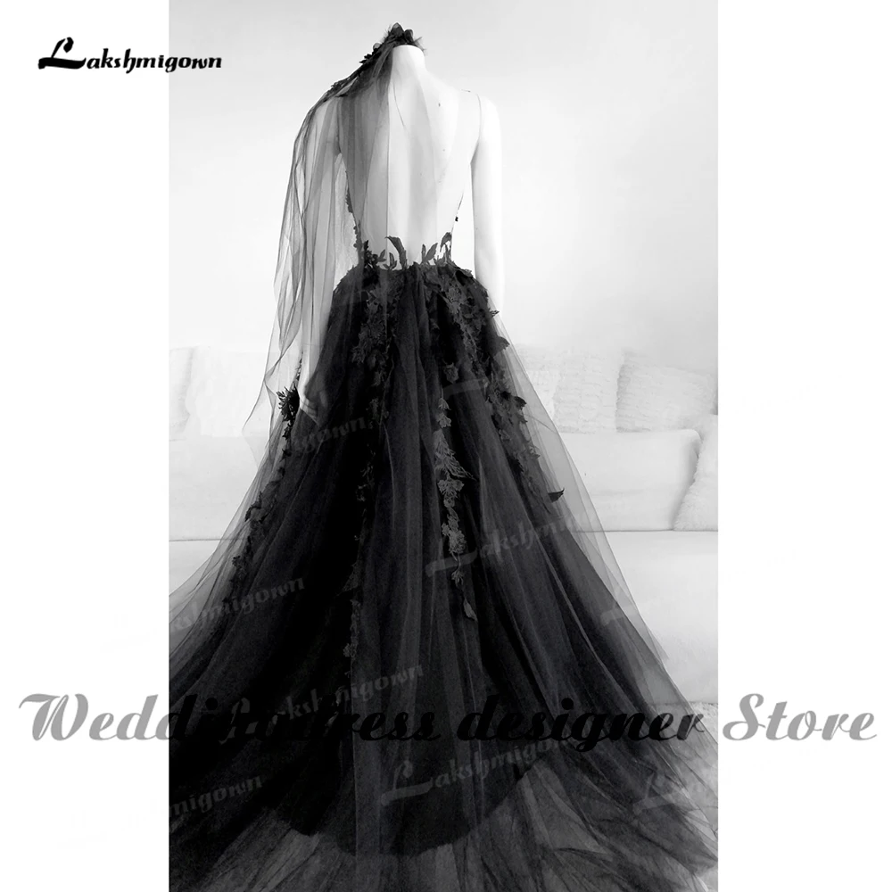 Sexy Gothic Black Wedding Dresses with High Slit Backless Beach 3D Lace Appliques Black Bridal Gown Brautkleid Vintage Plus Size second hand wedding dresses