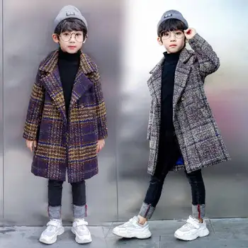 

Boys Plaid Wool Coat Winter Korea Children Thicken Medium Long Outerwear Casual Loose Coats Kids Jackets For Baby Boy Clothes