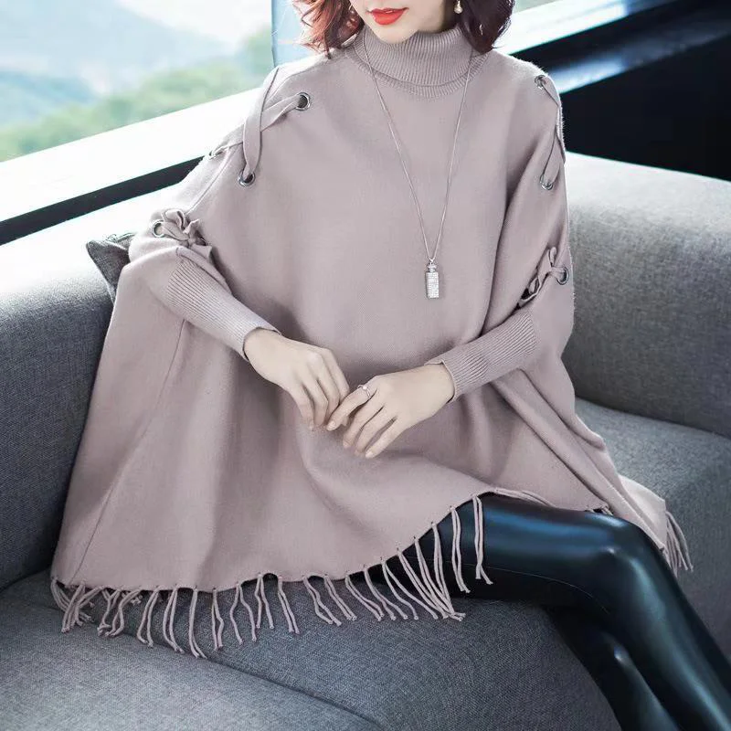 Fall Winter Fashion Women Female Turtleneck Black Red Tassel Batwing Sleeve Knit Sweater, Knitted Pullover Sweaters for Woman