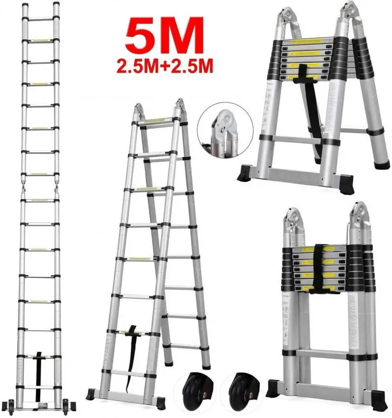 

5m Stable Ladder Retractable Folding Aluminum Herringbone Ladder Multifunctional Telescopic Straight Ladder Step Ladder 1PC HWC
