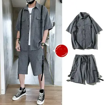 

Men's 2020 New Two Pieces Sets Striped Fashion Men's Sets Summer Men Clothes Pockets Shirt Shorts Sets High Quality Men Suit 3XL