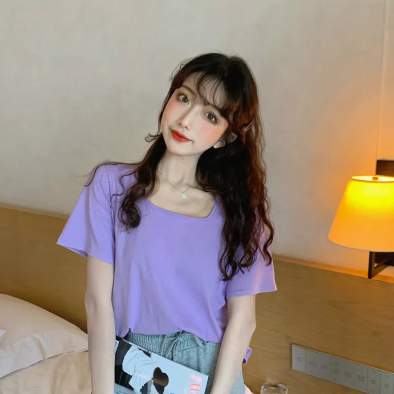 

T-shirt Women Short Sleeve Square Collar 7 Colors Summer Basic Tees All-match Trendy Loose Female Soft Popular Simple Tops Girls
