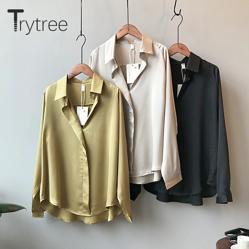 Ttytree/осенние блузки женские повседневные рубашки с отложным воротником и пуговицами шифон полиэстер топ из тонкой ткани свободные рубашки однотонные офисные женские блузки