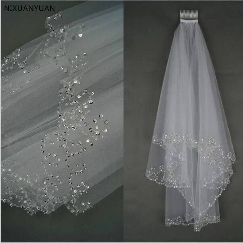 

White Ivory Bridal Veils 2023 Wedding Veils 2 Layers 75 CM Handmade Beaded Edge with Comb Wedding Accessories