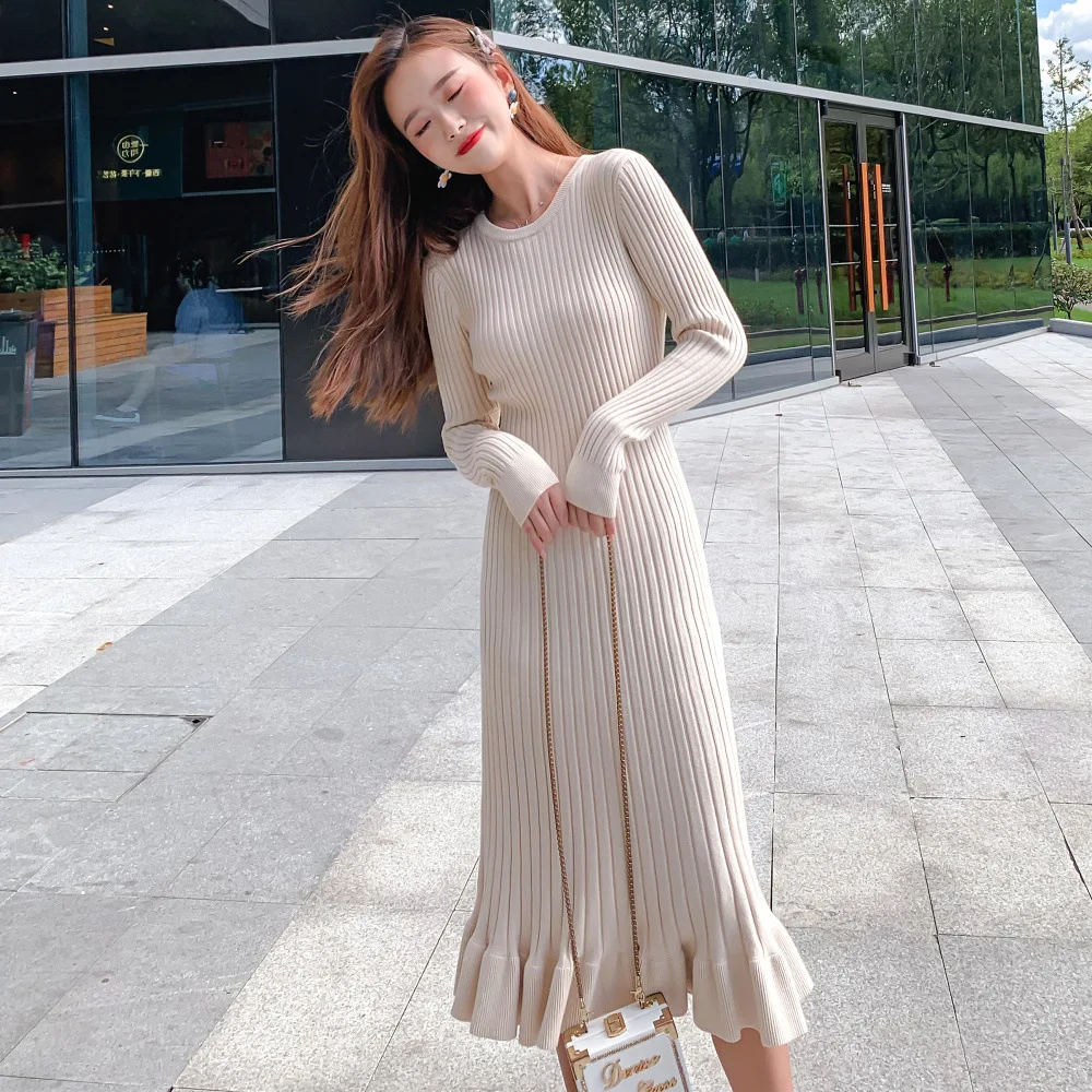

Fall And Winter Clothes 2019 New Style with Overcoat of Sweater Base Long Skirts Underwear Slim Fit Mid-length Jersey Dress Wome