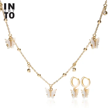 

Into Exquisite Natural Shell Butterfly Stud Earrings With Crystal Pendant Necklaces For Women Fashion Jewelry Set Party Gift