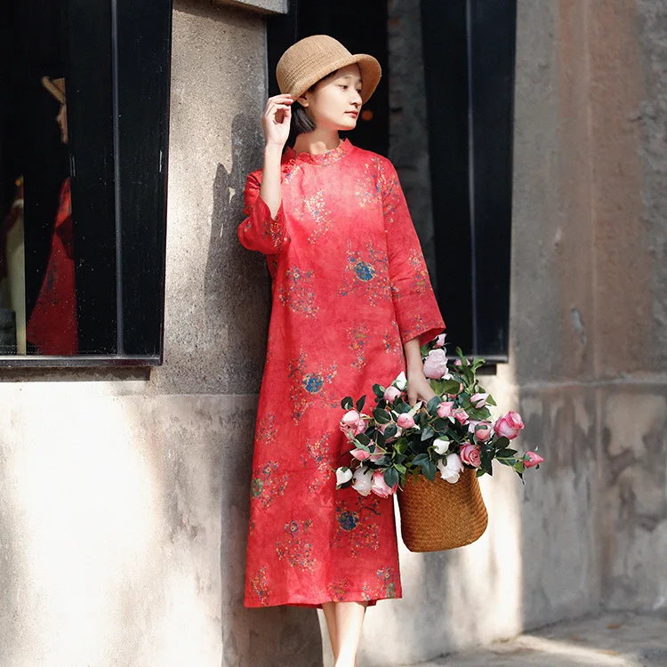 

Women Loose Printed Stand Collar Ramie Dress Ladies Three Quarter Sleeve Qipao Dress Female Spring Summer Cheongsam Dresses 2020
