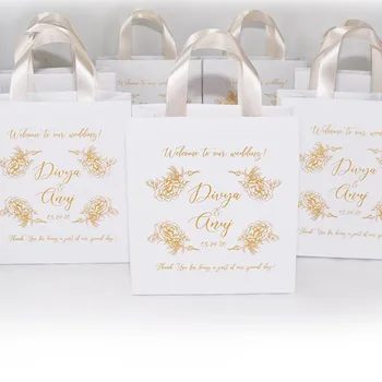 

Personalized Champagne & Gold Wedding Welcome bags,cutom Elegant Gift or Favor Bag with satin ribbon roses and for guests